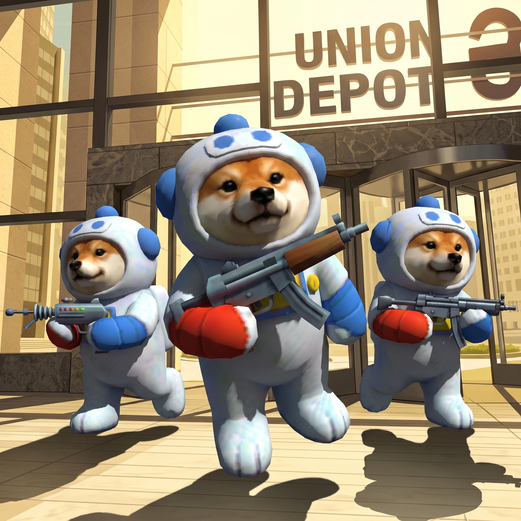 Three INU astronauts outside Union Depot