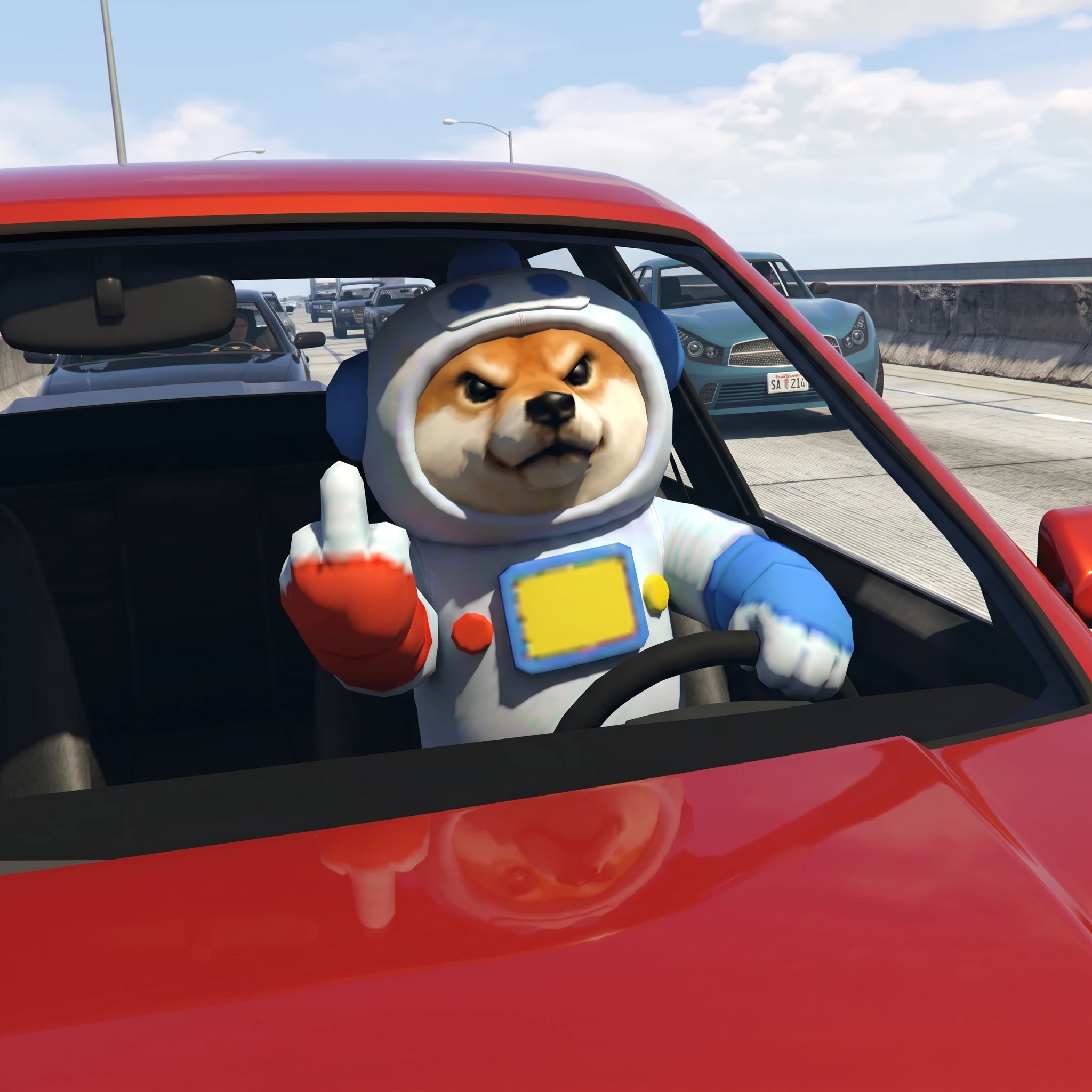 INU in a red car