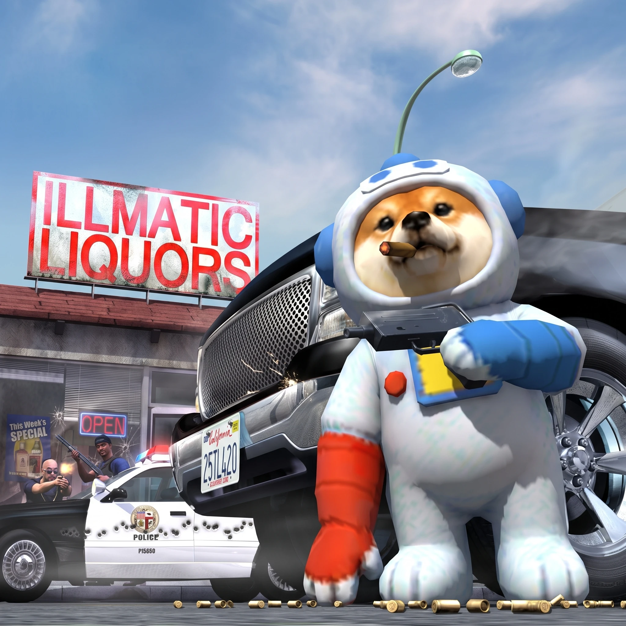 INU beside a car outside Illmatic Liquors